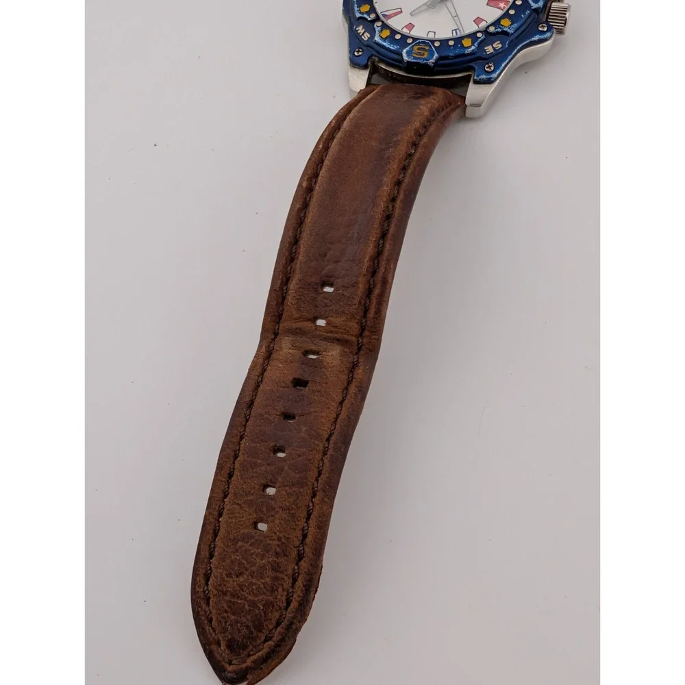 Time‎ Force Watch Men 43mm Case Flags Brown Leather Band- New Battery